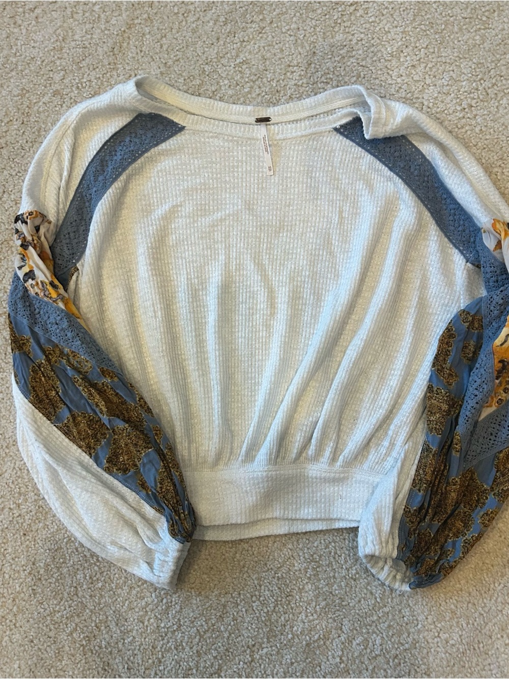 Free People Cream Waffle Knit Pullover with Blue and Mustard Floral Sleeves